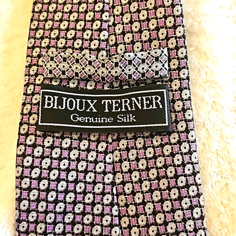 Bijoux Terner Genuine Hand Made Silk Tie, Purple, Gray & Black